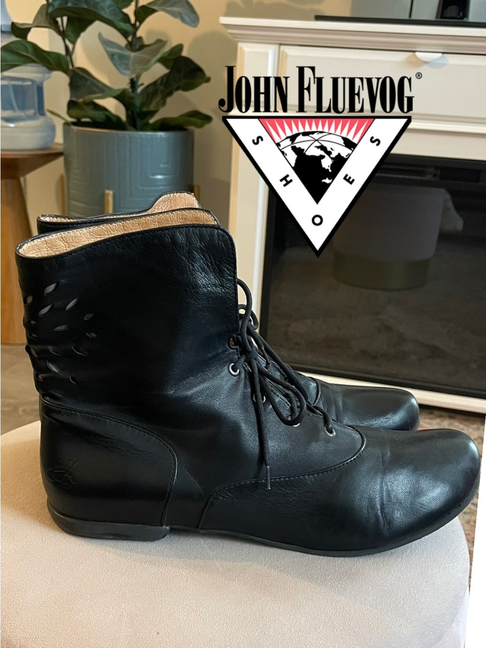 John Fluevog Black Leather Eyelet Lace-Up Boots